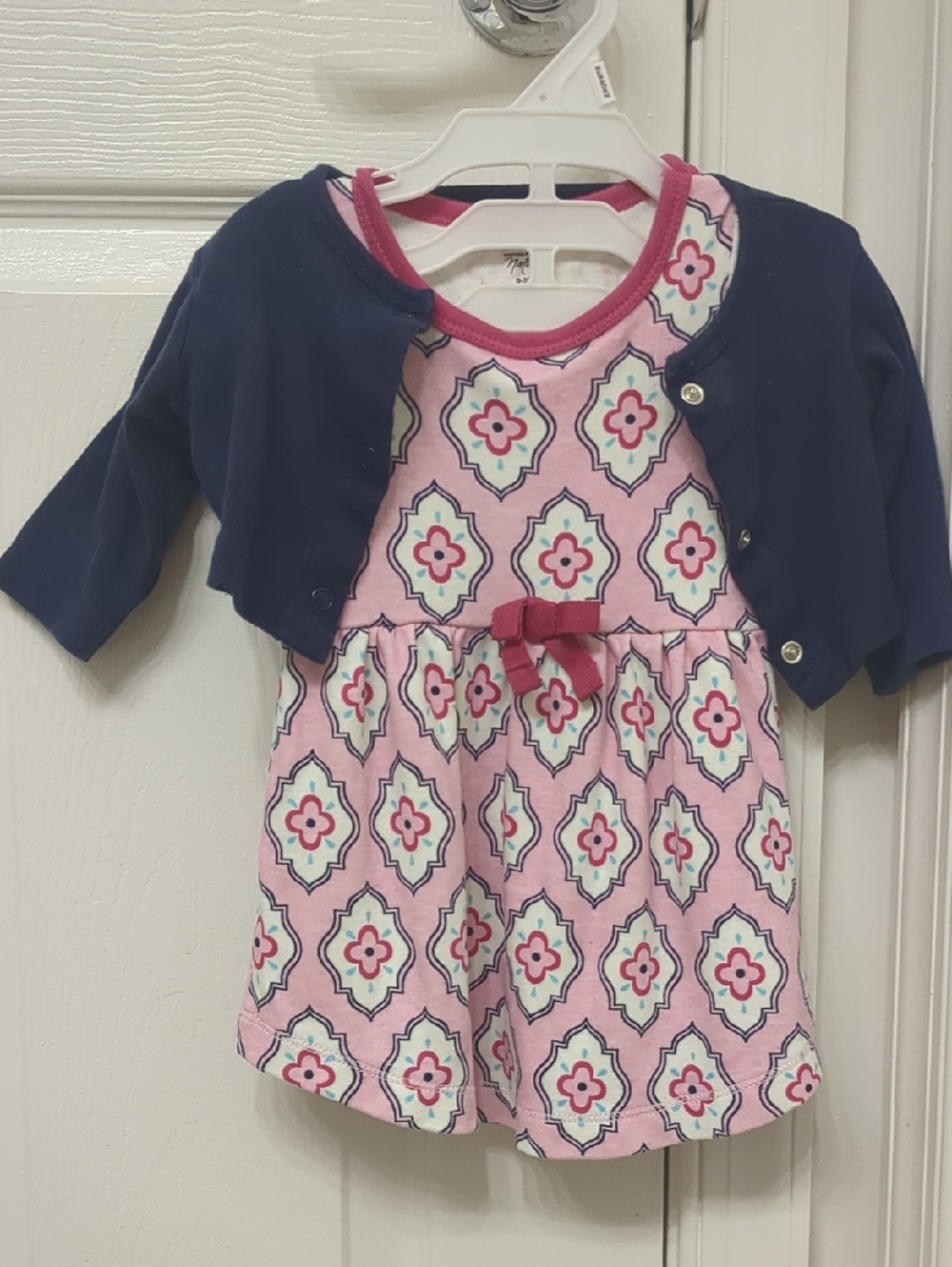 Pink Patterned Baby Dress with Navy Cardigan